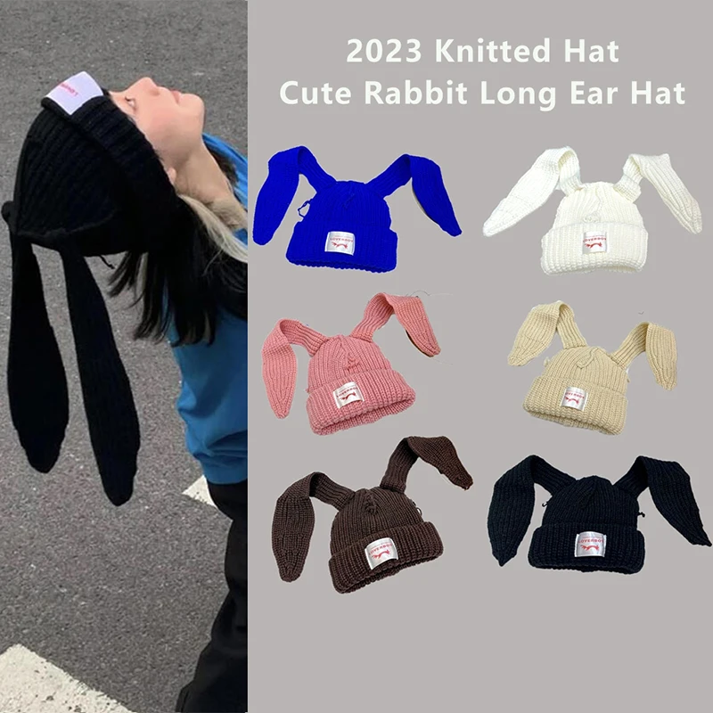 

2023 Cute Rabbit Long Ear Knitted Hat Unisex Warm Letter Cap Beanie Hat Crochet Knitted Bunny Hat
