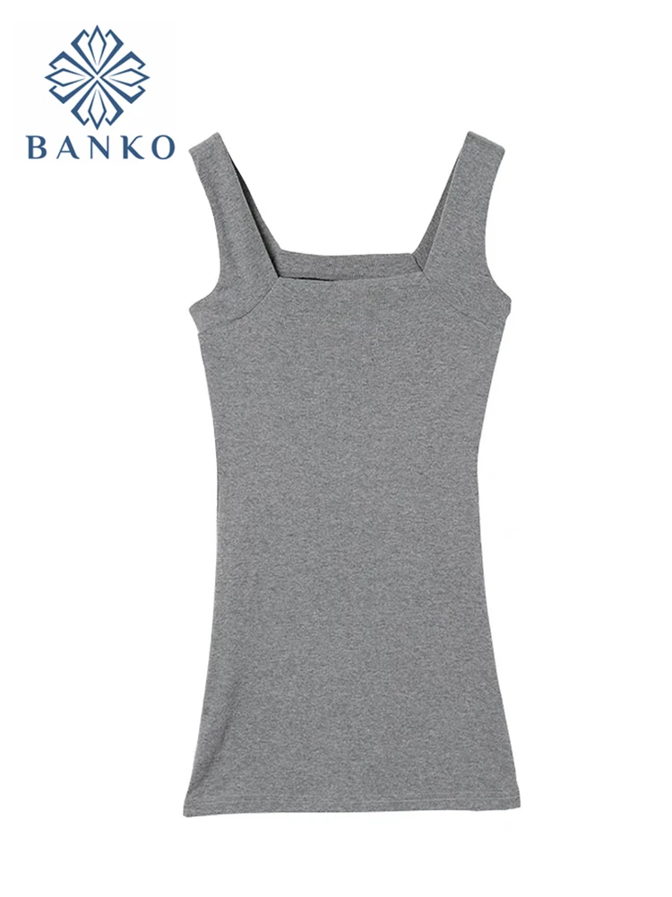 

Summer Square Collar Dress Women's Grey Knitted Sleeveless Bodycon Mini Club Dresses Casual Elegant Sheath Slim Vestidos Female