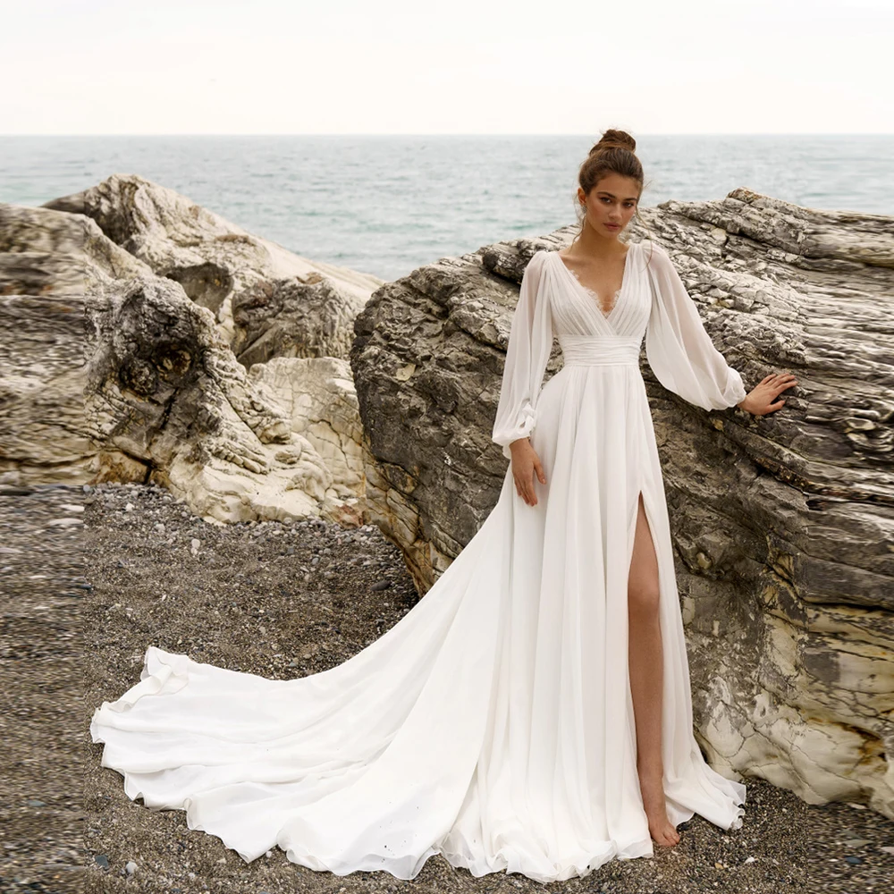 

Женское пляжное свадебное платье, шифоновое платье невесты с V-образным вырезом, длинными рукавами, открытой спиной и Боковым Разрезом, 2022
