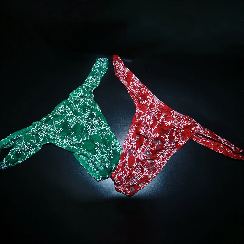 

AIIOU 2022 Christmas Couples Panties Underwear for Men G-Strings Thongs Sexy Mesh Hollow Out Male Red Green Bikini Underpants