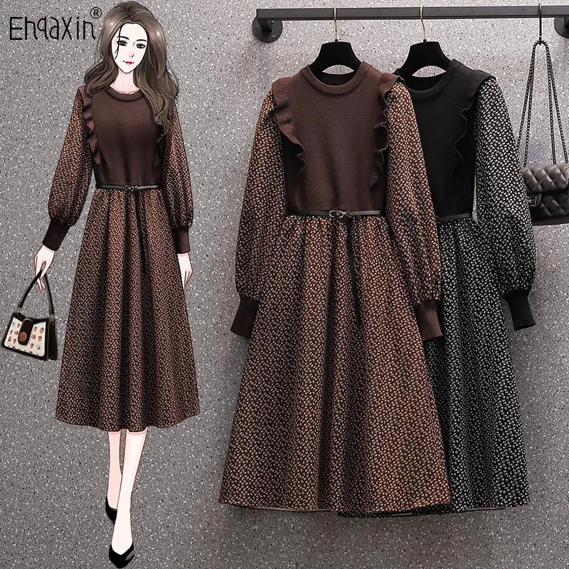 EHQAXIN Womens Knitted Dresses Autumn Winter 2022 Elegant Wood Ears With Floral Stitching A-Line Long Dress With Belt M-4XL