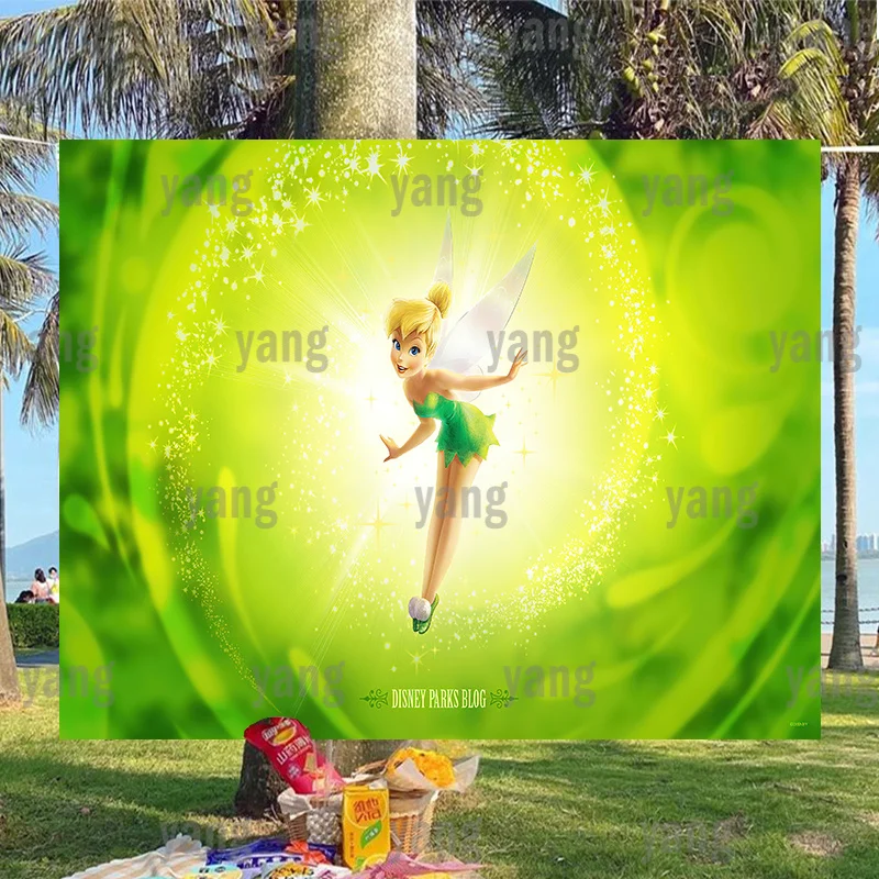 

Disney Peter Pan Tinker Bell Miss Elastic Background Birthday Party Decoration Yellow Green Photography Backdrop Photo Wall