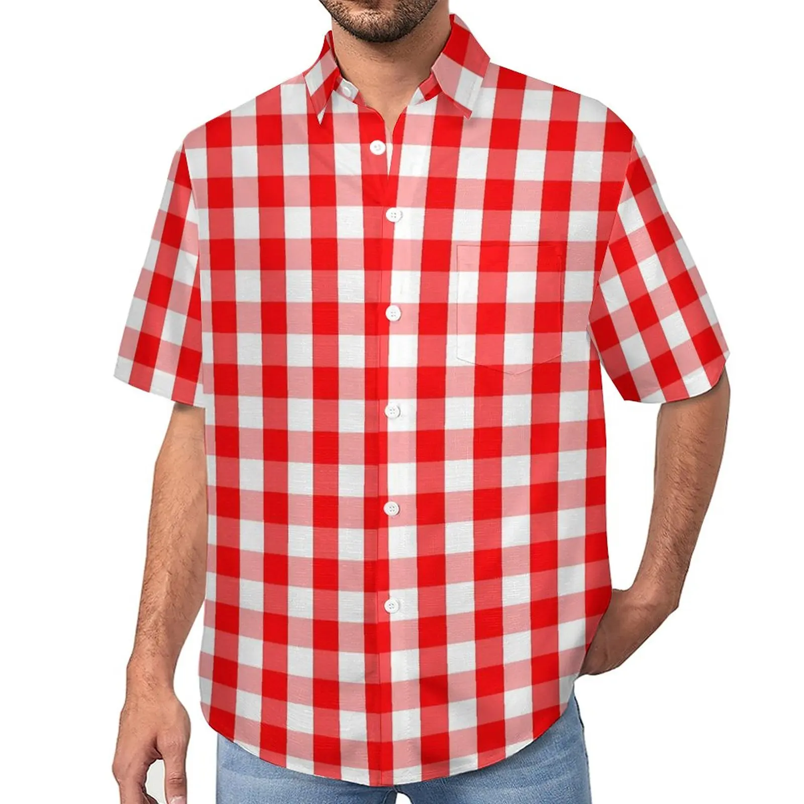 

Red Gingham Vacation Shirt Christmas Check Plaid Hawaiian Casual Shirts Man Fashion Blouses Short Sleeve Design Clothing 3XL 4XL