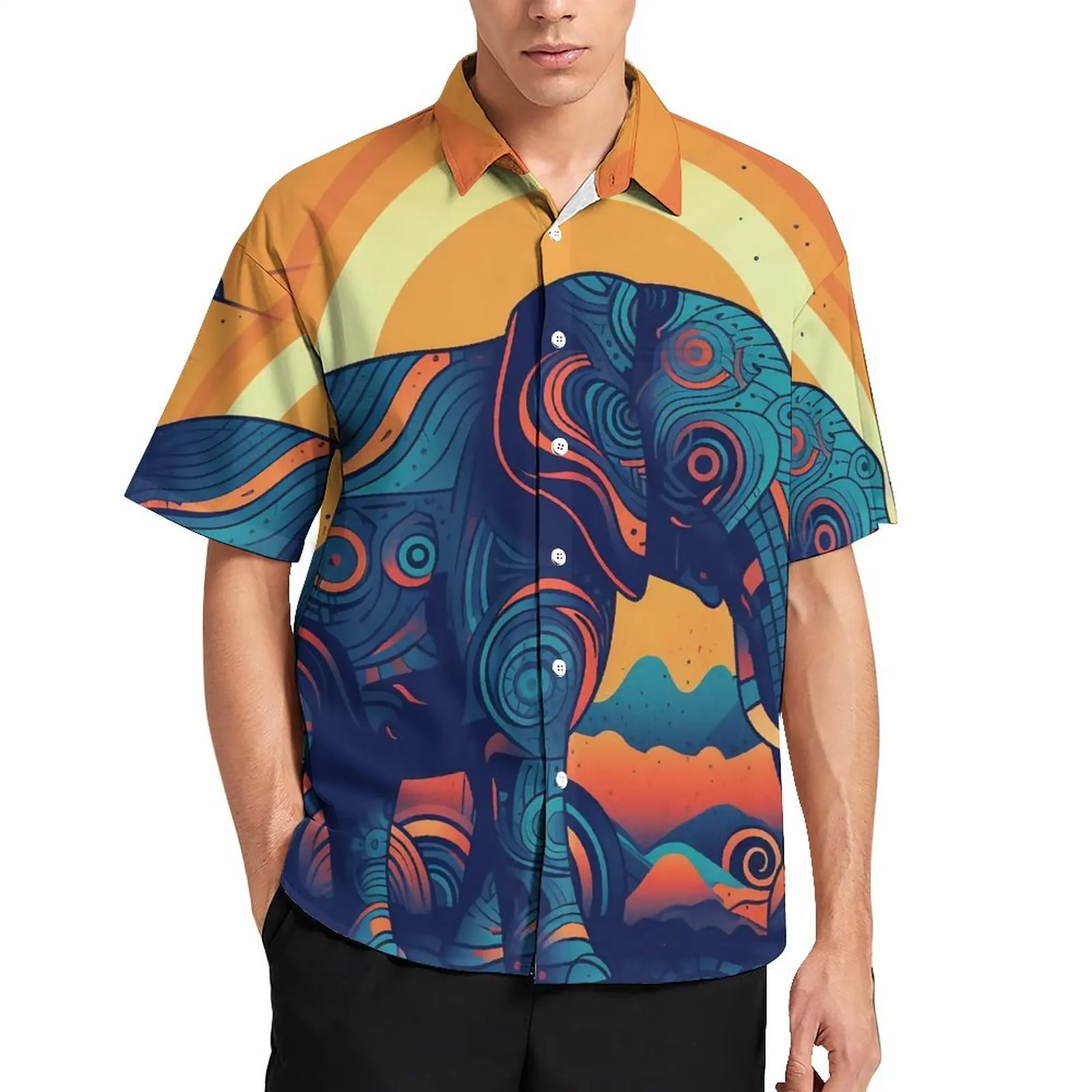 

Elephant Loose Shirt Men Beach Graphic Abstraction Vibrant Casual Shirts Hawaiian Graphic Short Sleeves Y2K Oversized Blouses