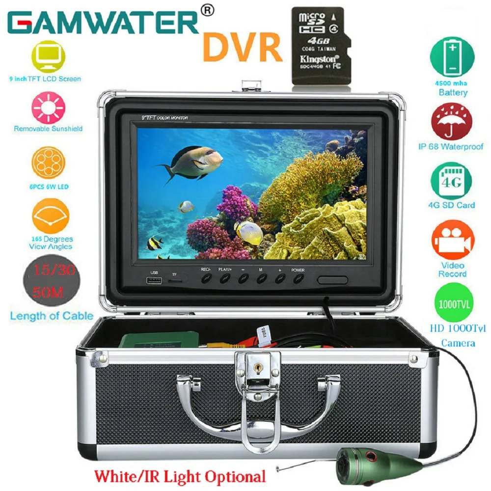 

GAMWATER 9'' LCD Screen HD DVR Recorder Fish Finder White IR Light 1000TVL IP68 Underwater Fishing Camera For Ice Sea Lake Boat