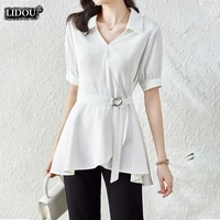 office lady turn down collar black white short sleeved skinny belt t shirts fashion summer new solid color womens clothing 2022