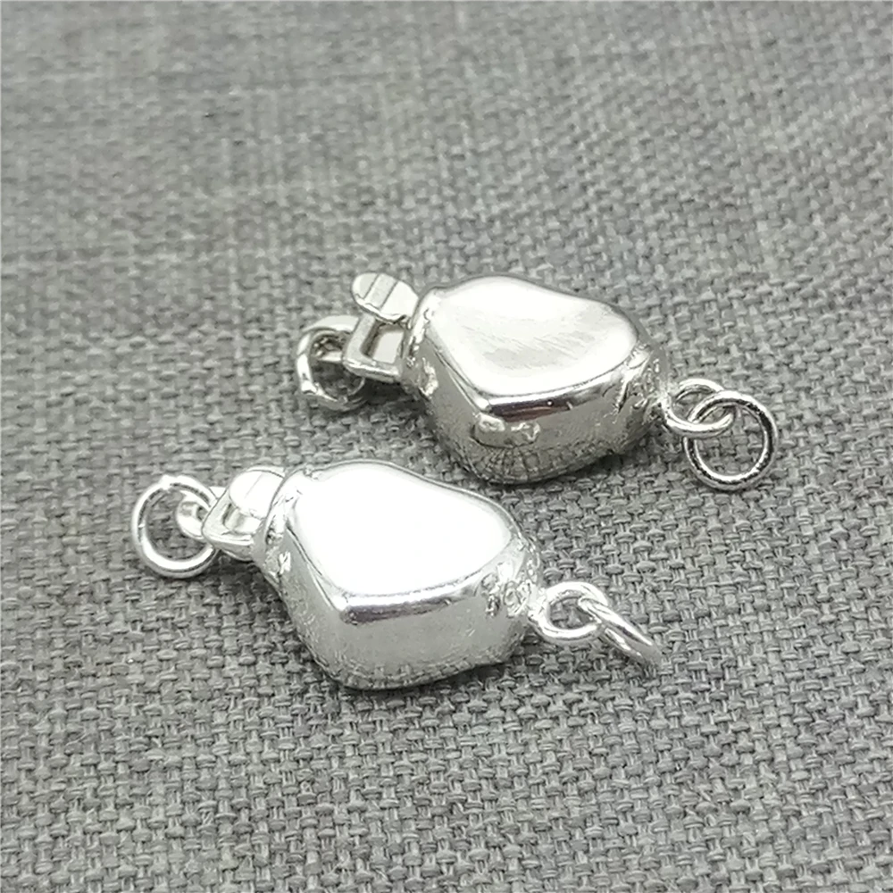 2pcs of 925 Sterling Silver Heart Box Pearl Clasps w/ Interlocking Hook Rhodium Plated for Bracelet