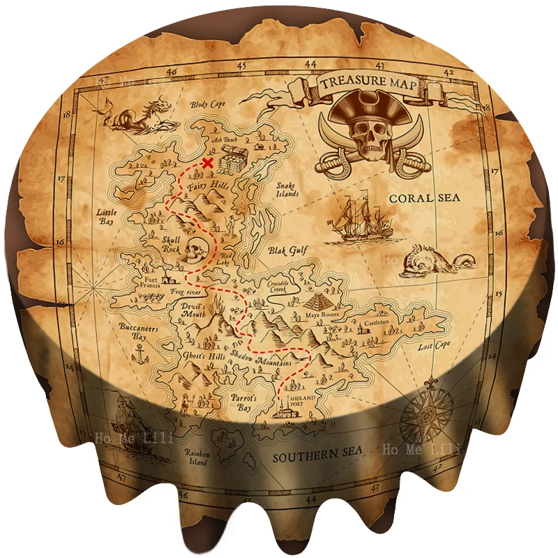 

Antique Pirate Old Treasure Map Ocean Island Adventure Sailing Retro Color Printed Fabric Round Tablecloth