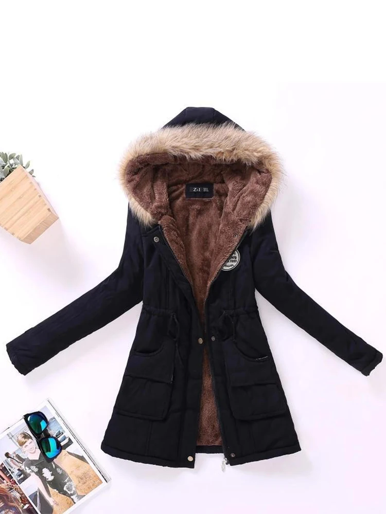 

FTLZZ New Autumn Winter Women Jacket Cotton Padded Casual Slim Coat Emboridery Hooded Parkas 3xl Wadded Overcoat