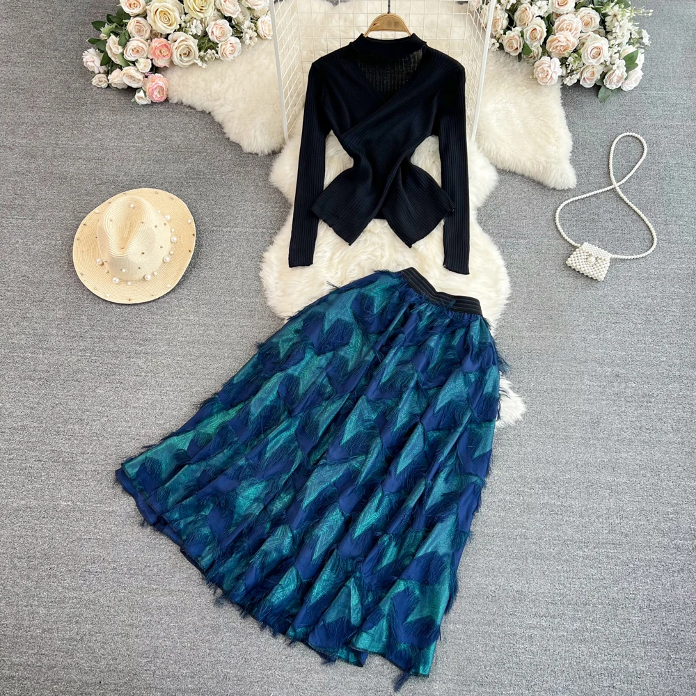 

Модный комплект с длинным рукавом и V-образным вырезом, облегающий Асимметричный трикотажный топ из двух предметов с высокой талией и юбкой