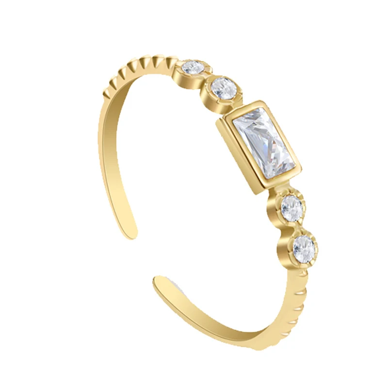 

INS Hot 14k Gold Plated Stainless Steel Square Cubic Zirconia Opening Rings For Women Waterproof Adjustable Stacking Rings Gift