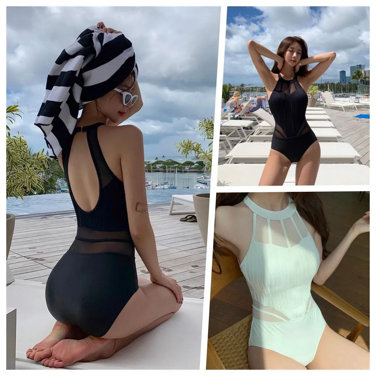 

Сексуальный слитный купальник с лямкой на шее, черный сетчатый Купальник для женщин, летняя пляжная одежда с высокой горловиной, корейские купальные костюмы