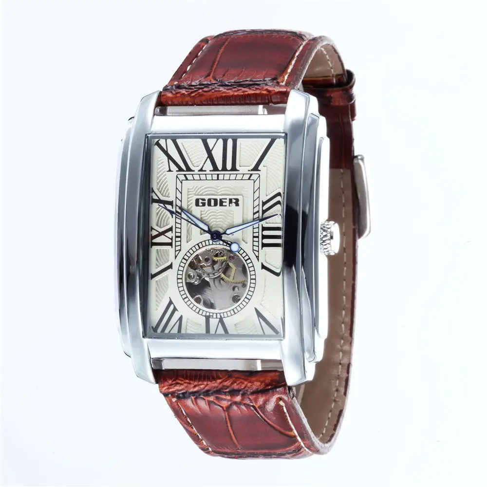 

2022 Goer Men Skeleton Watches Fashion Rectangle Watches Leather Band Automatic Mechanical Wristwatches Mainland China Watches