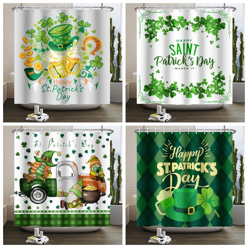 

Waterproof Polyester Shower Curtain St. Patrick Day Clover Leaves and Horseshoe Good Luck Home Decor Bathroom Curtain With Hooks