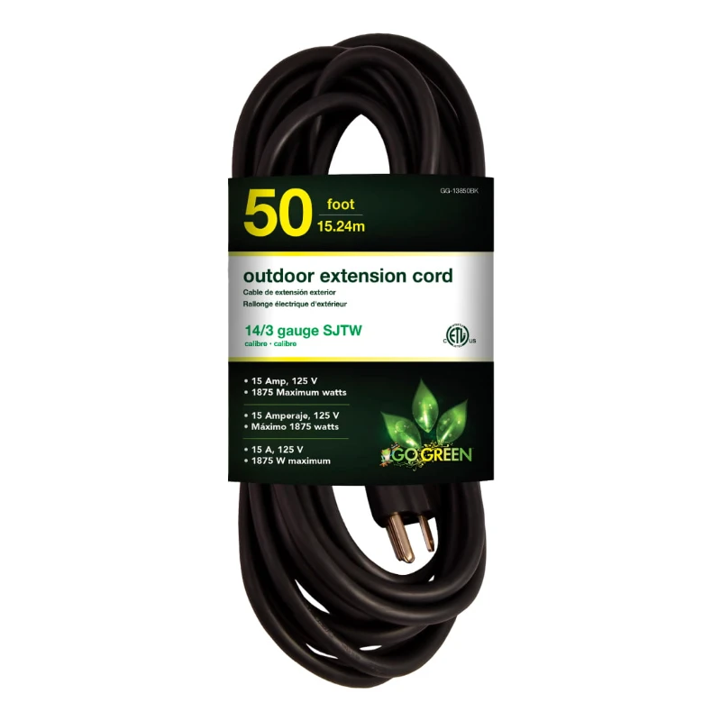 

(GG-13850BK) 14/3 50’ SJTW Outdoor Extension Cord, Black, 50 Ft