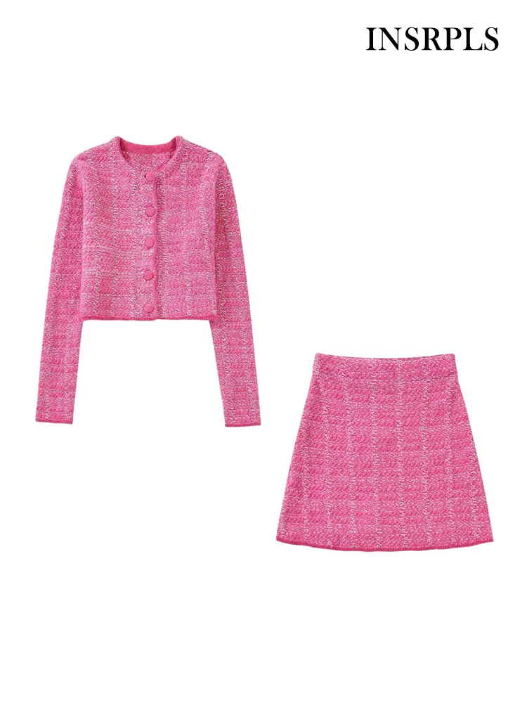 

INSRPLS Женская мода с пуговицами спереди укороченная трикотажная куртка пальто и мини-юбка с высокой эластичной талией женские комплекты из д...