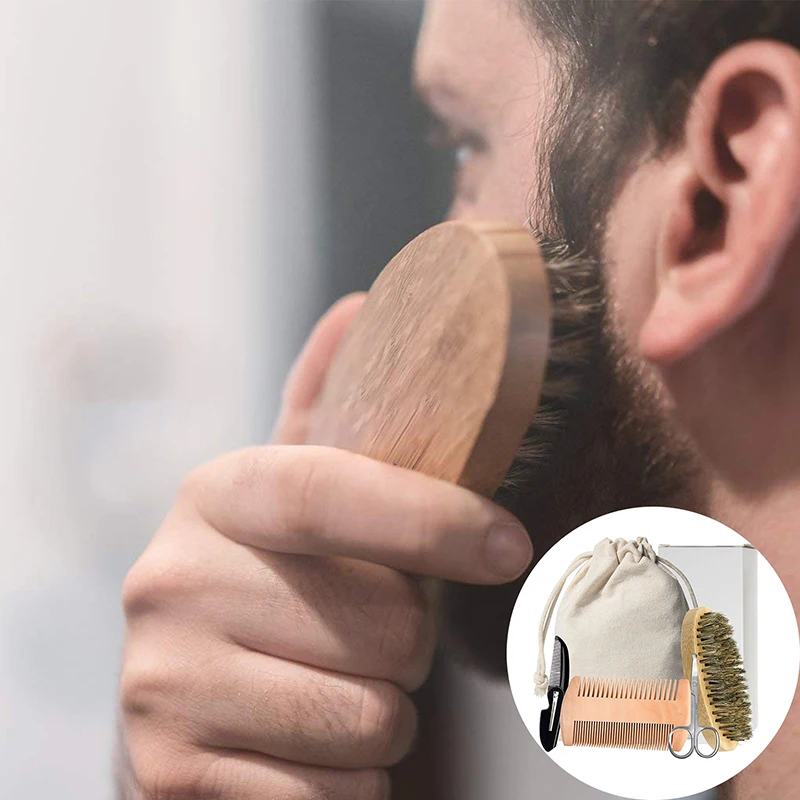 Наборы деревянных кистей для бороды из щетины кабана с подарочной сумкой