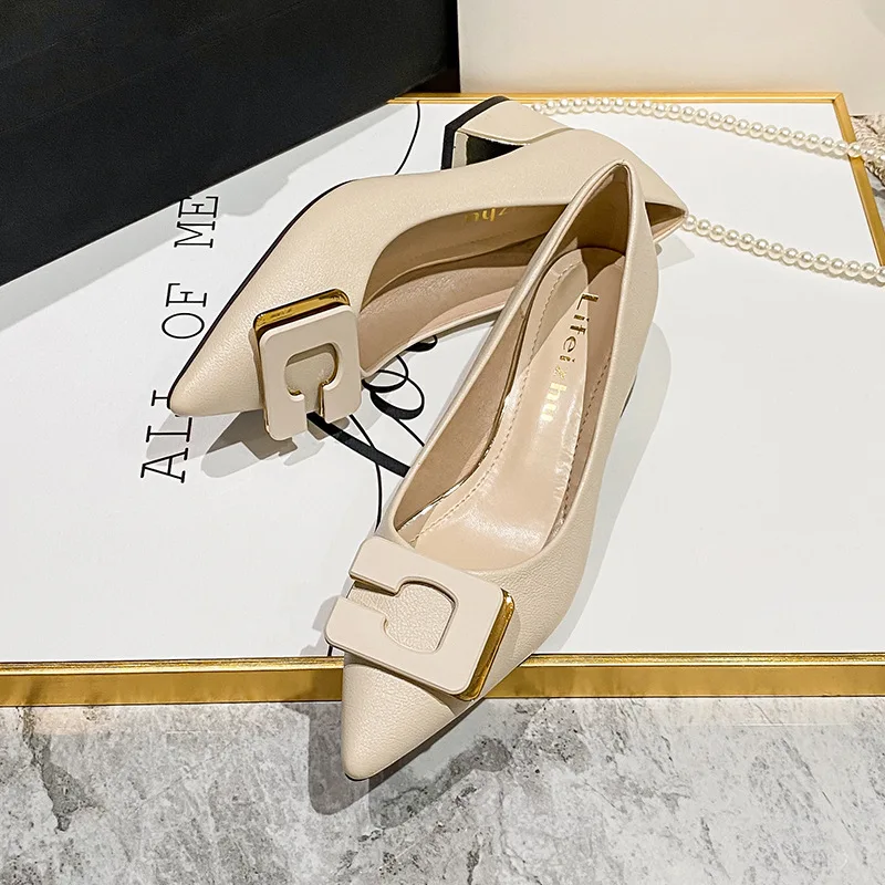 Plus Size 35-43 Women Pumps Pointed Toe Chunky 5cm Heel Pumps Office Lady Leahter Dress Shoes Fashion Buckle Slip on Female