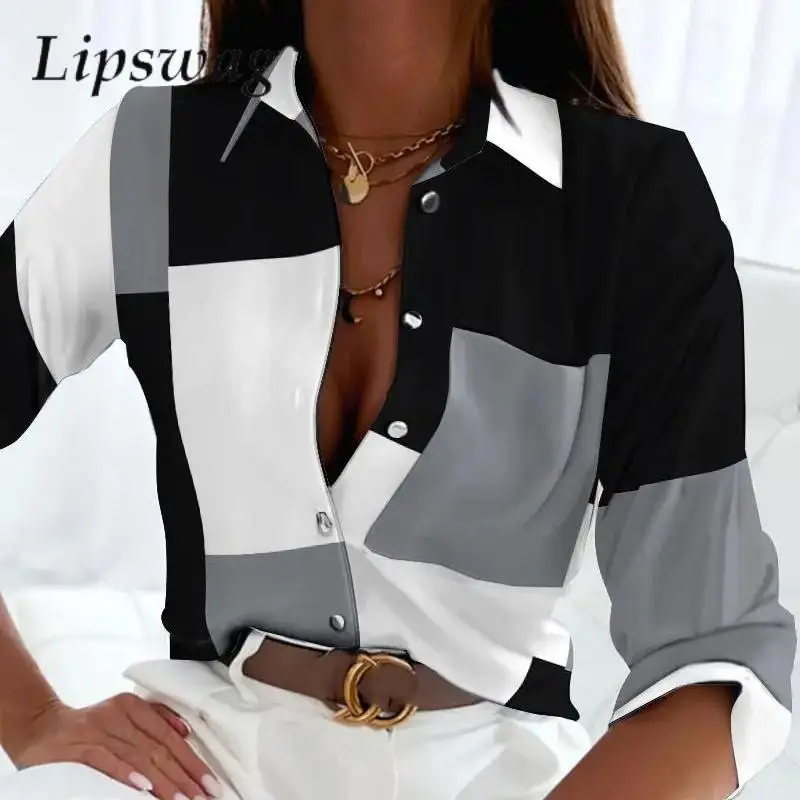 

Fashion Turn-down Collar Women Blusa Top Vintage Black/White Plaid Print Casual Blouse Elegant Long Sleeve Single-breasted Shirt