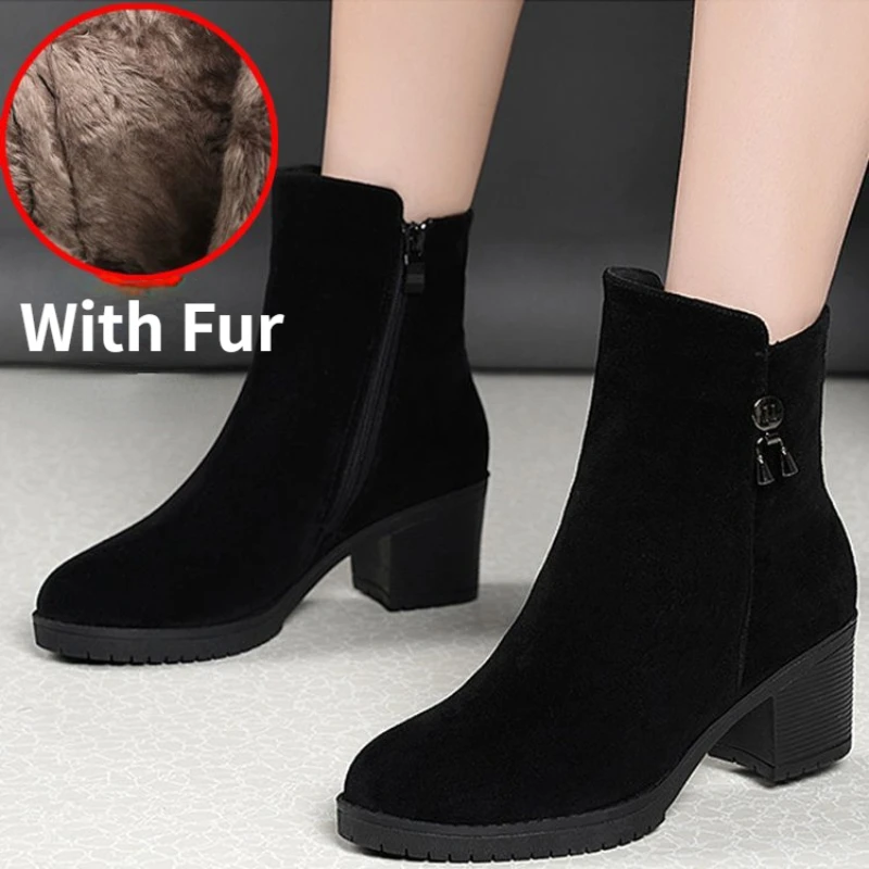 

Winter Shoes Women Chunky Heels Comfort Plus Plush Warm Ankle Black Boots Woman Heels Dress Office Shoes Pumps Tacones Mujer