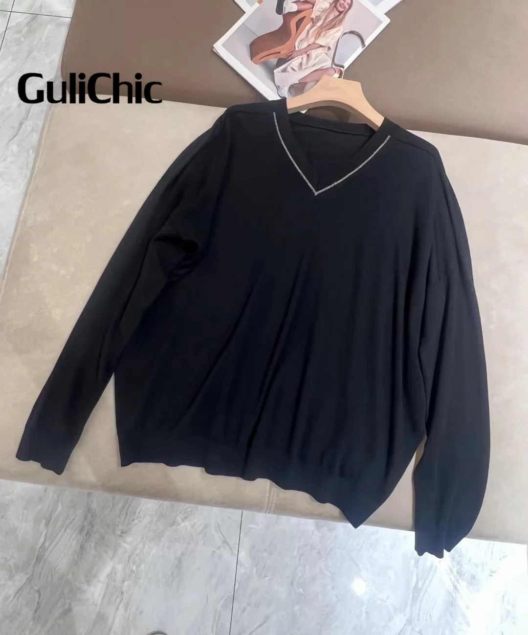 11 16 GuliChic высококачественный вязаный свитер с v-образным вырезом и цепочкой из
