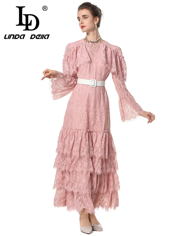 Женское кружевное платье LD LINDA DELLA осеннее с многоярусными оборками