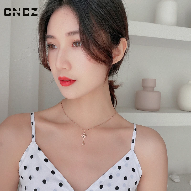 Key Shape Rose Gold Color Necklace Korean Style Women Girl Copper Pendant Paired With CNCZ Summer Fashion Clavicle Chain Jewelry
