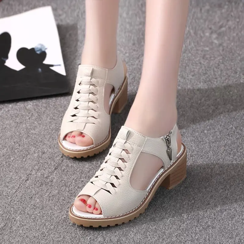 Summer Shoes for Women Sandals Pu Leather Comfort Mother Shoes Zipper Flat Solid Color Plus Size Fashion Sandalias De Mujer