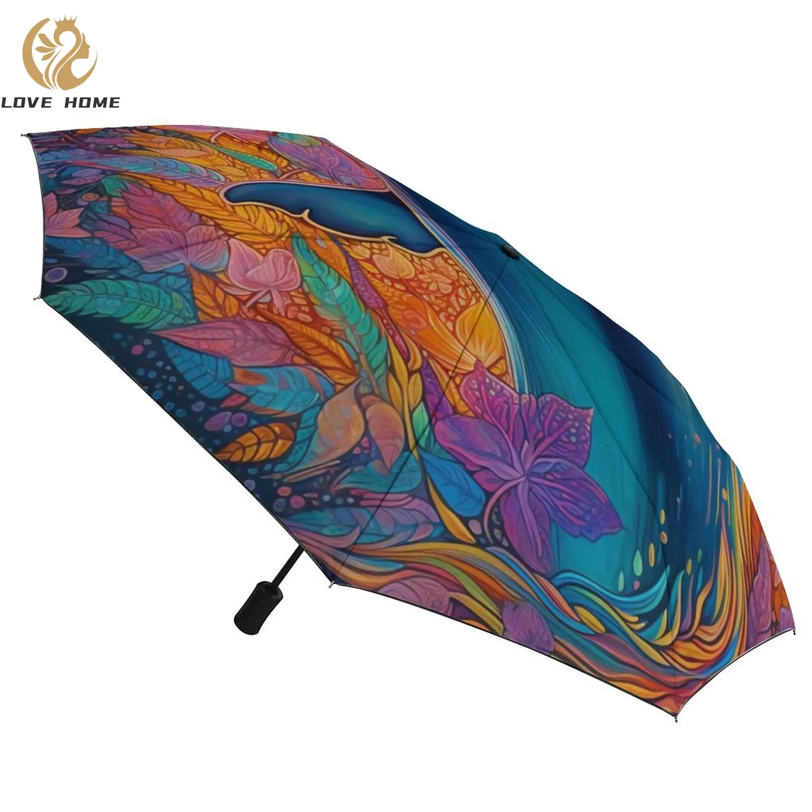 

Dolphin 3 Fold Auto Umbrella Vivid Colorful Painting Sun and Rain Umbrella Black Coat Portable Umbrellas for Male Female