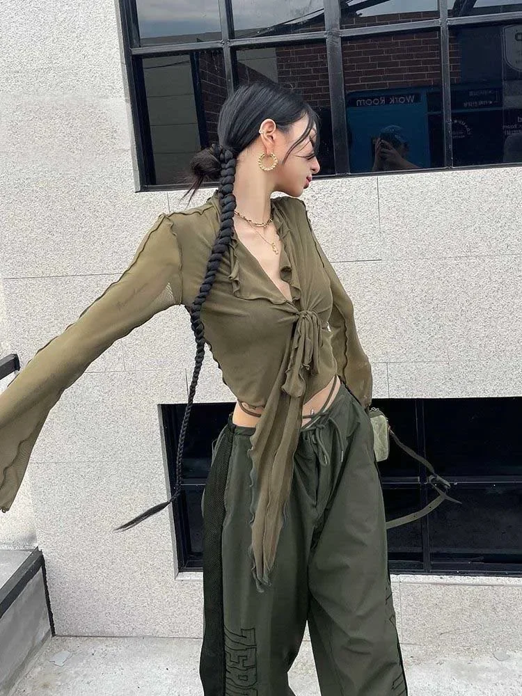 Блузка женская с длинными расклешенными рукавами пикантная Милая сетчатая