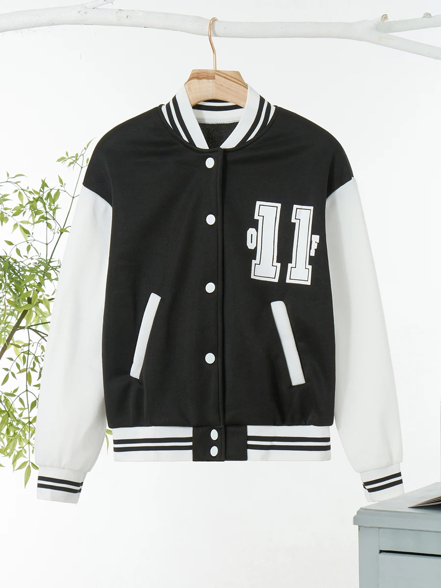 

Women s Number Print Baseball Jacket Bomber Long Sleeve Colorblock Varsity Button Down Shirts Windbreaker Jacket Outerwear