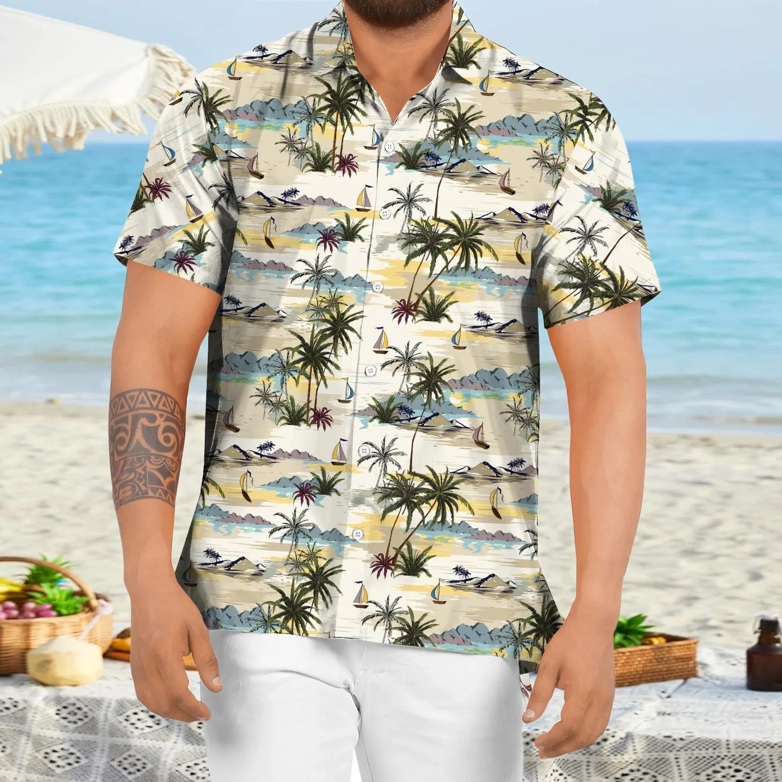 

Рубашка мужская с коротким рукавом, Повседневная пляжная блуза с тропическим принтом, на пуговицах, в стиле оверсайз, одежда в стиле кэжуал, весна-лето