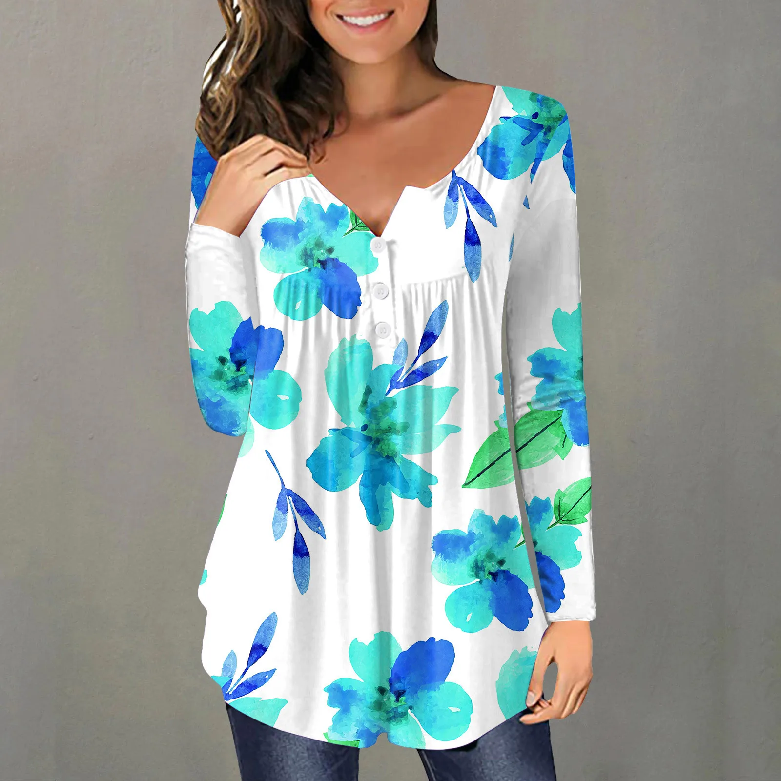 

Womens Daily Summer Print V Neck Tops Long Sleeve Tee Shirt Printed Flower Womens Wide Corduroy Shirts V Neck Tech Shirts Women