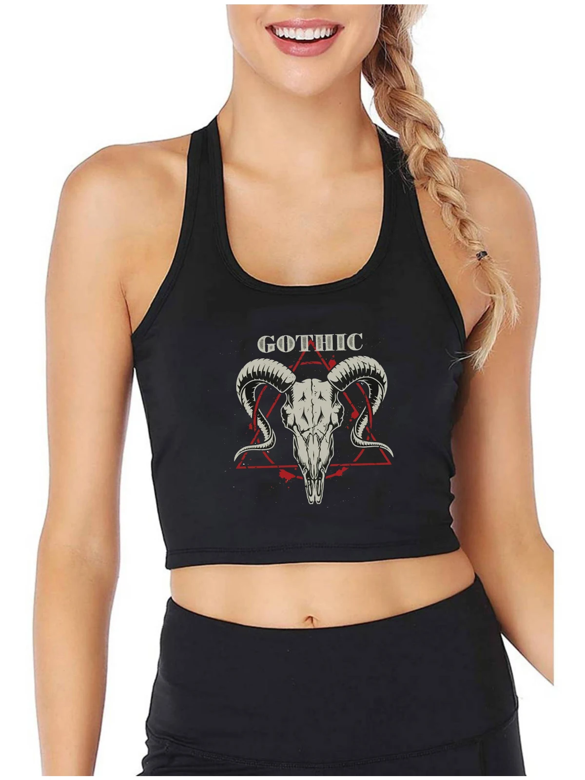

Gothic Goat Skull Graphic Sexy Slim Fit Crop Top Pentagram Punk Death Harajuku Print Tank Tops Women's Street Trend Camisole