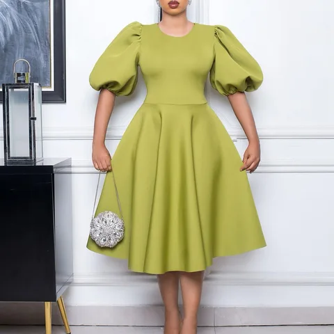 Women Party Dress Summer Knee Length Dress High Waist A Line Evening Wear Club Fashion Sexy Female Pink Puff Sleeves Skirt