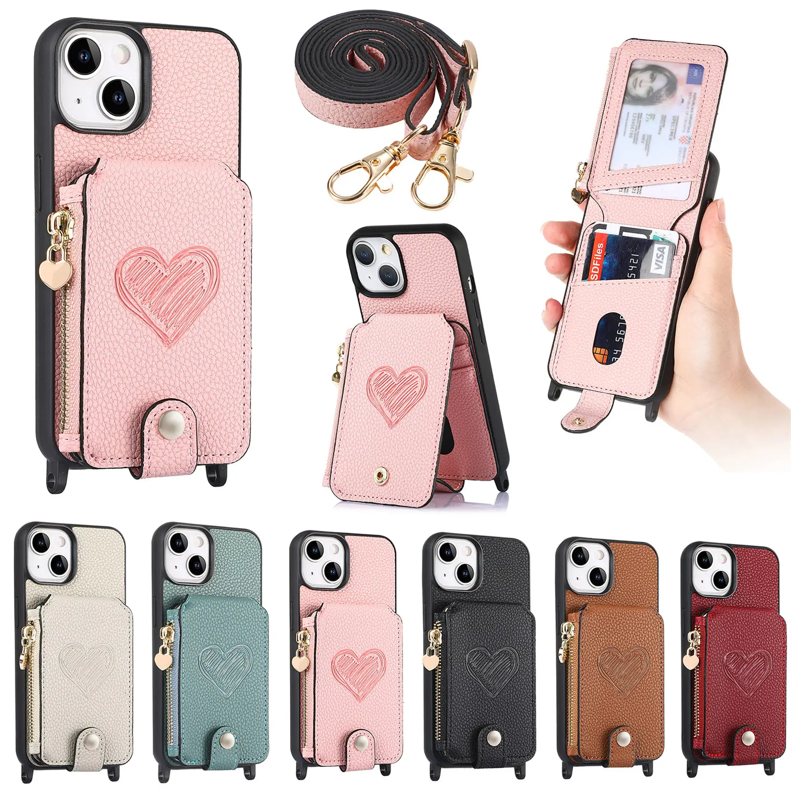 

Grossbody-Lychee Leather Case for iPhone 15 14 Plus 13 12 11 Pro Max Cute Love Heart Card Slots Stand Wallet Cover Cases