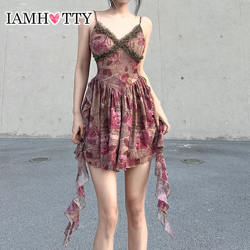 

IAMHOTTY Vintage Rose Floral Print A-line Sleeveless Mini Dress Boho Sexy Lace Patchwork V-neck Ruffle Tassle Fairycore Dresses