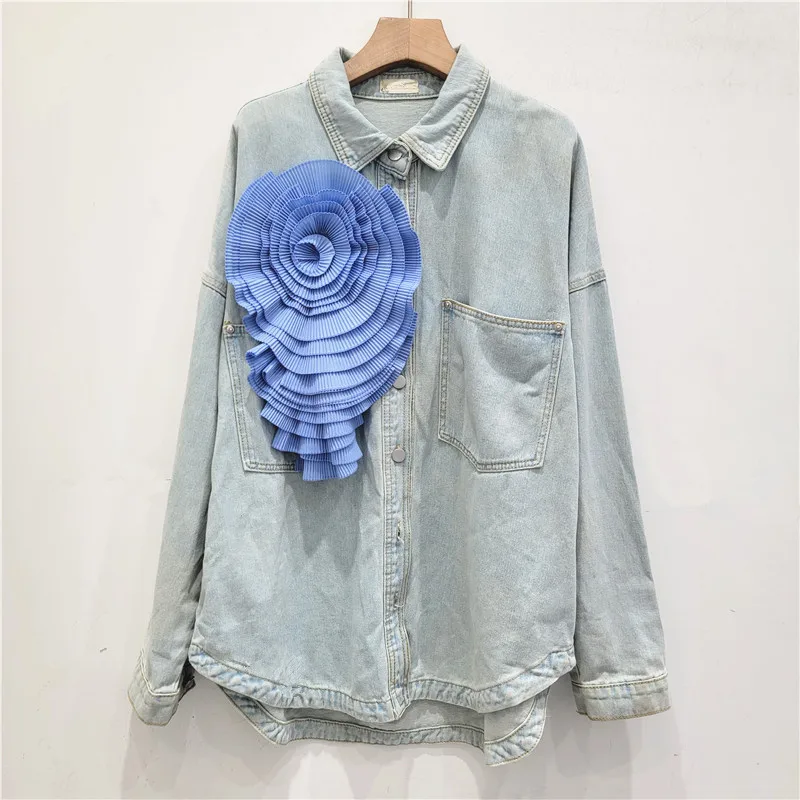 Женская джинсовая рубашка с длинным рукавом объемная плиссированная цветочным