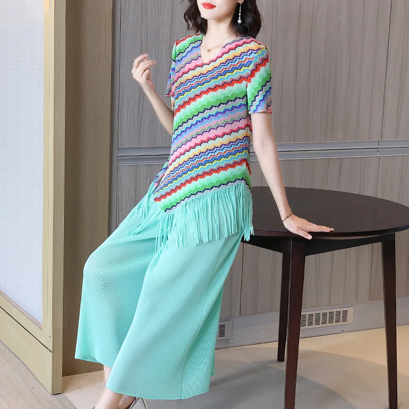 

Женский костюм для мамы летнее платье большого размера женский плиссированный Универсальный повседневный комплект из двух предметов