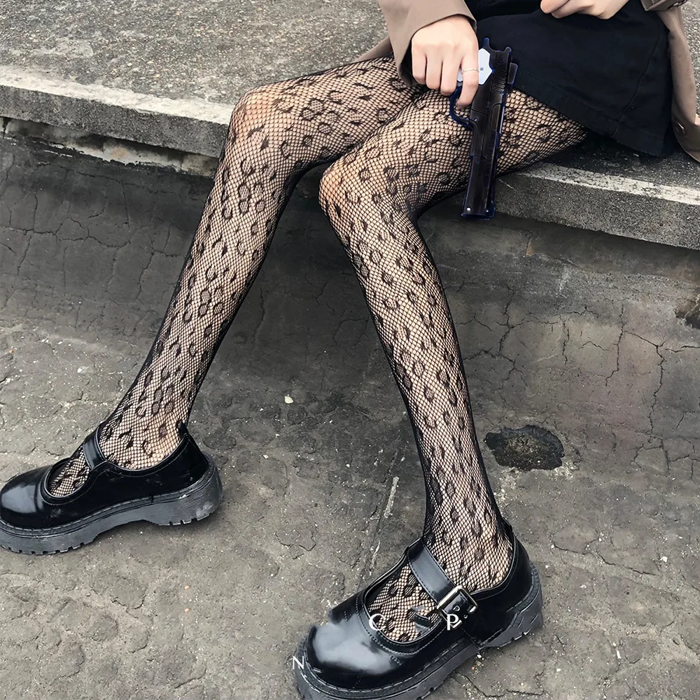 Women Sexy Black Leopard Fishnet Tights Hollow Out Pantyhose Gothic Transparent Net Holes Pattern Mesh Pantyhose Stockings
