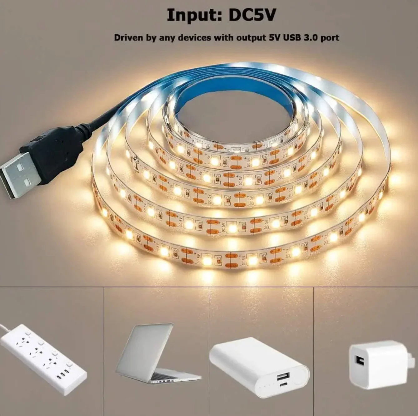 Фото Светодиодные ленты постоянного тока 5 В USB 2835 Белые теплые белые светодиодные ленты для ТВ Фоновое освещение Лента для домашнего декора Лампа 1-5 м Светодиодная гирлянда №4