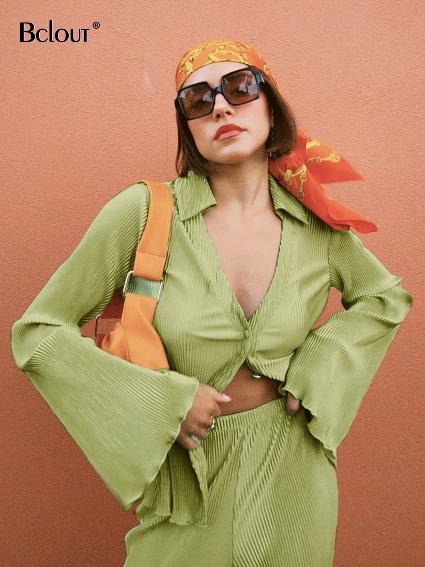 

Bclout Autumn Green Pants Suits Women Fashion Flare Sleeve Loose Shirts Casual Pleated Pants Set Two Pieces Womens Outfits 2022