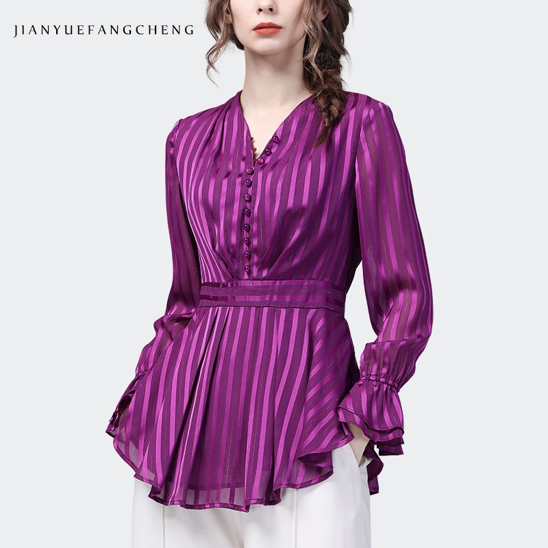 

Модный Фиолетовый Полосатый Атласный топ, женская блузка с длинным рукавом, приталенная Талия, отделка бусинами, v-образный вырез, Повседнев...