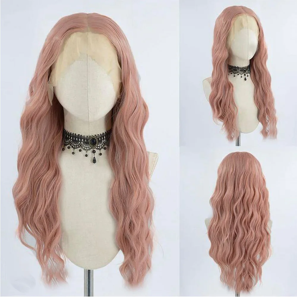 

Парик из синтетических волос на сетке спереди, Длинные коралловые розовые волнистые натуральные волосы, термостойкие волосы из волокна, бе...