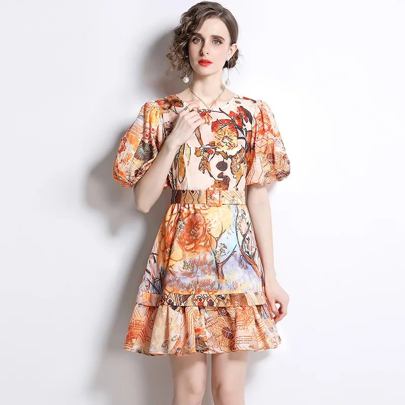 Summer new ladies dress French sweet temperament round neck lantern sleeves printed A-line women's mid-length skirt