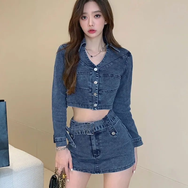 

2023 Spring Women Two Piece Set Fashion Denim Sexy V-Neck Crop Top + Mini Skirts Korean Style Lady Elegant Outfits