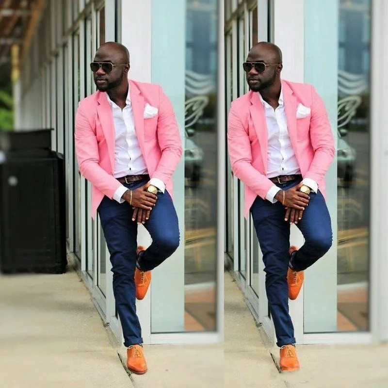 

Pink Casual Men Suits for African Prom Slim Fit 2 Piece Wedding Groom Tuxedo with Navy Blue Pants Male Fashion Blazer 2023
