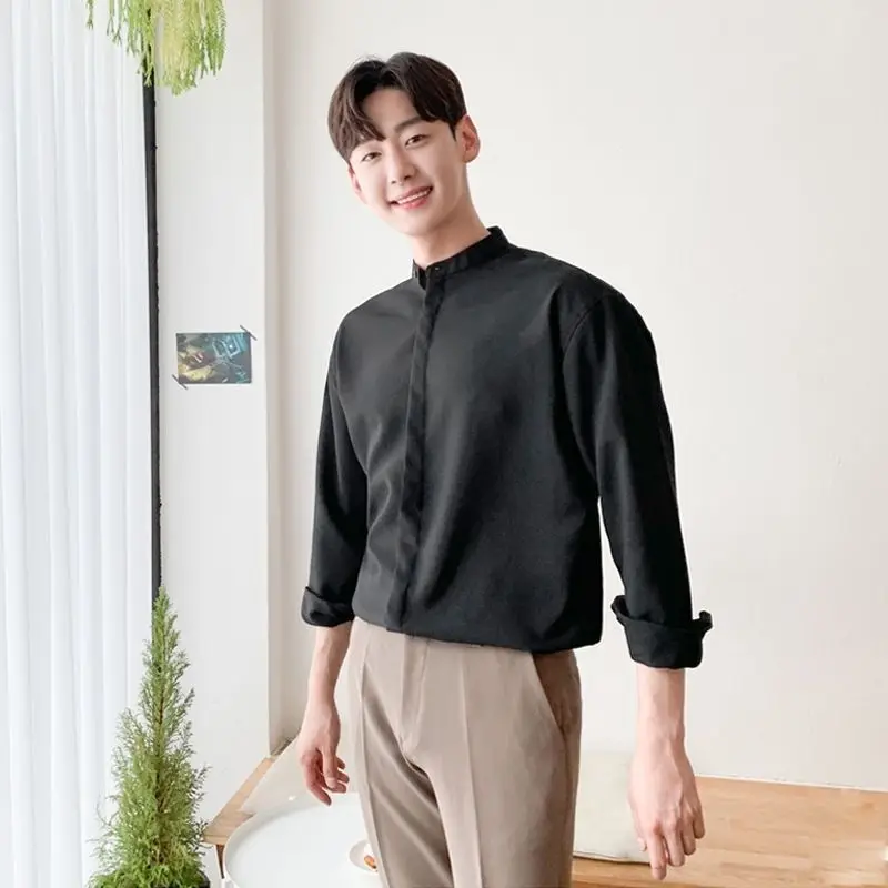 Серо-синяя полиэстерная рубашка с воротником-стойкой