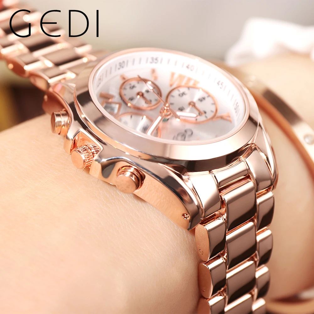 GEDI Waterproof Womens Watches Original Luxury Women's Watch Lady Luminous Fashion Quartz Bracelet Calendar Rose Gold Wristwatch