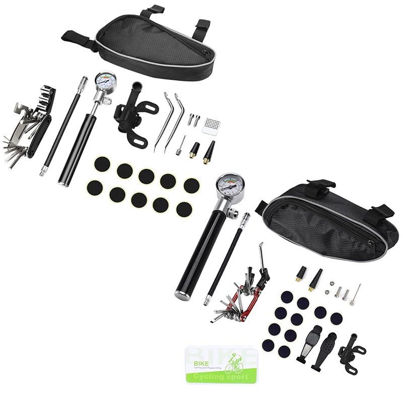 

HOT Bike Tyre Repair Tool Kit - Bicycle Tool Kit With 210Psi Mini Pump Multi-Tool With Chain Breaker 1Portable Bag Wrench
